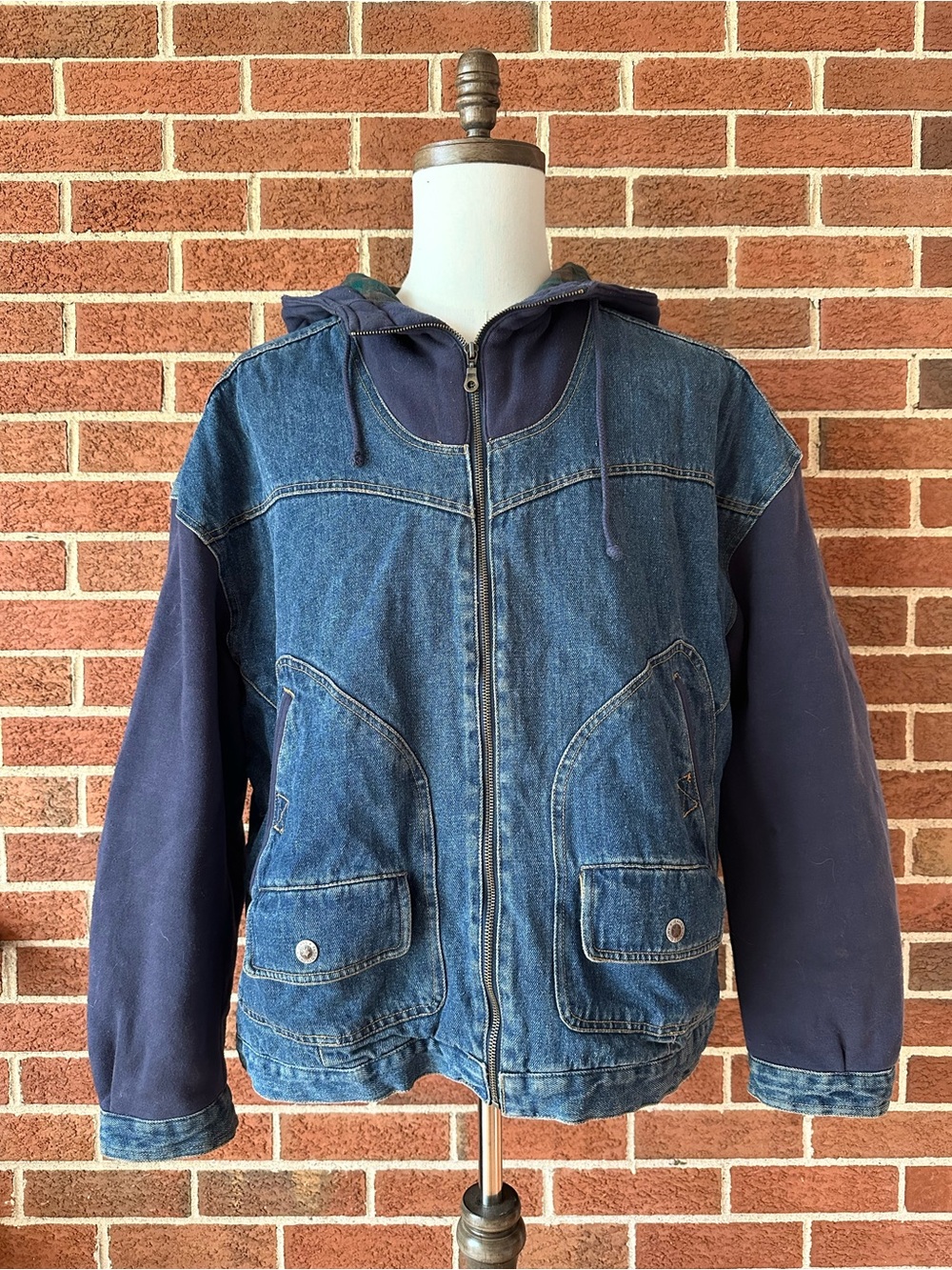 Y2K Faded Glory Denim Hoodie Jacket Quilted Lined Full Zip Blue Vintage Men’s, L